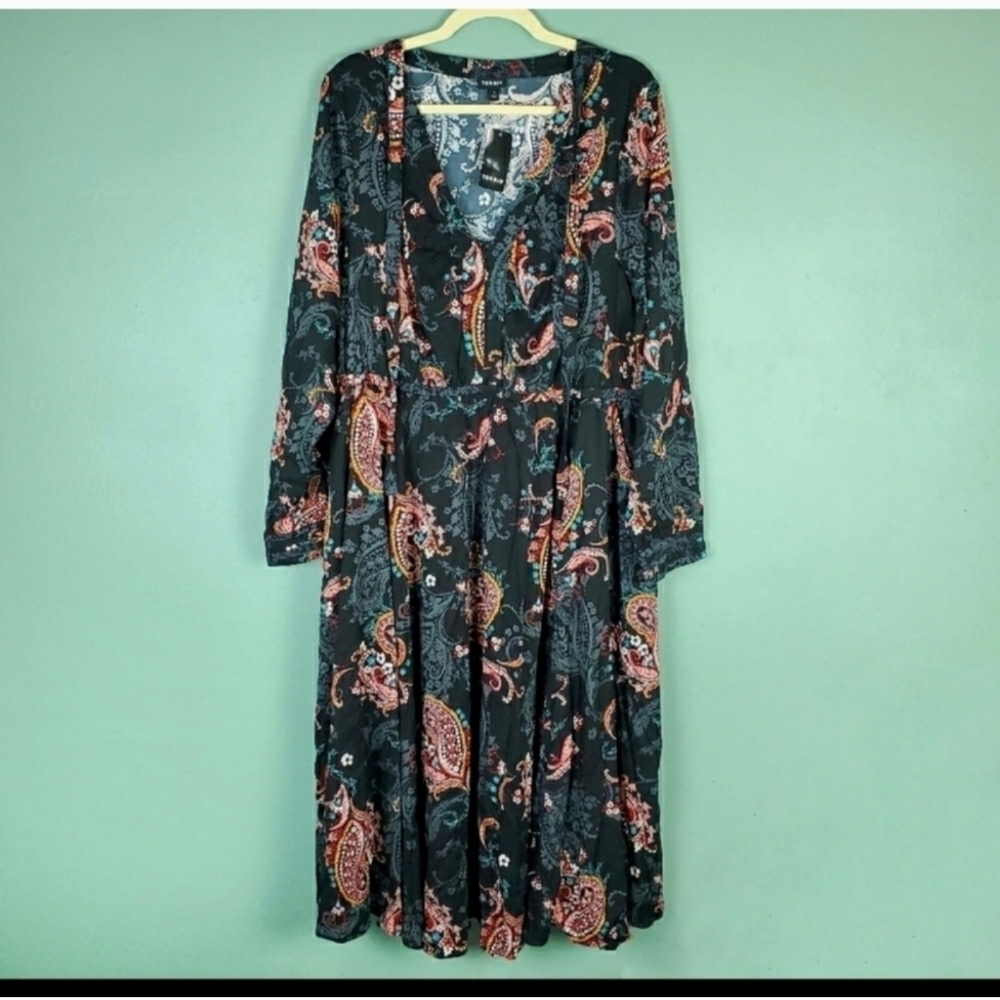 Torrid Black Paisley Challis Skater Long Sleeve Tie Neck MaxiDress Size 3/3x